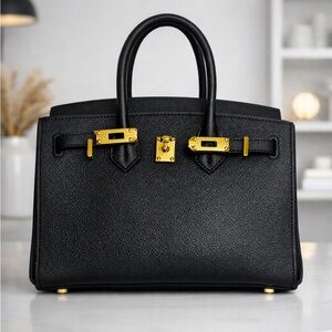 Black Top-Handle Leather Handbag with Gold Hardware